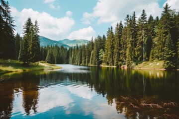 Fototapeta premium A breathtaking view captures the essence of a summer day, showcasing vibrant green forests, calm lakes reflecting the sky, and towering mountains in the distance.