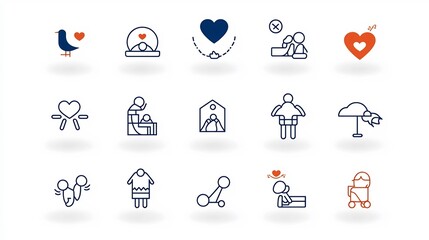 Fototapeta premium Set of minimalistic linear icons depicting various elements of family connections including symbols for family love baby care and bonds in a simple style