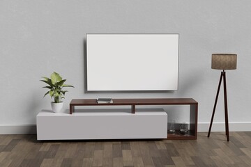 TV on cabinet in modern living room with lamp,table,flower and plant on yellow illuminating wall background,3d rendering