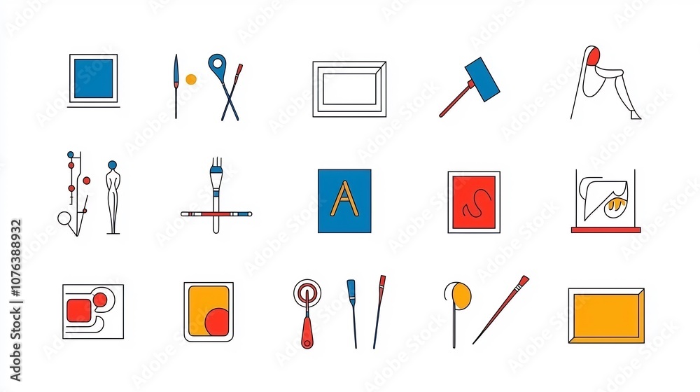 Aufkleber minimalist art icon set featuring 15 outline symbols representing creative tools statues and paintin