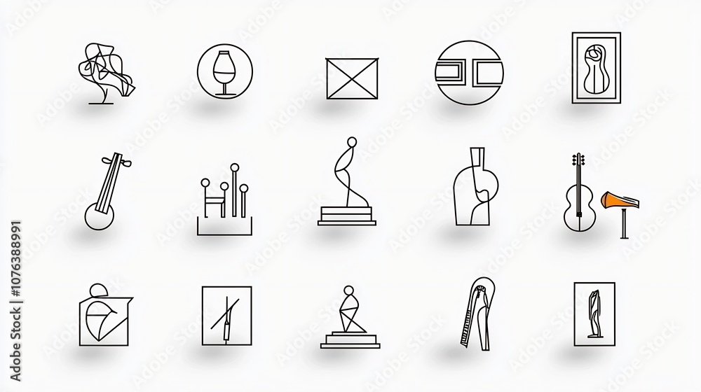 Fototapete Set of 15 art themed icons in a clean minimalist outline style  These icons feature various art related elements such as galleries sculptures and musical instruments