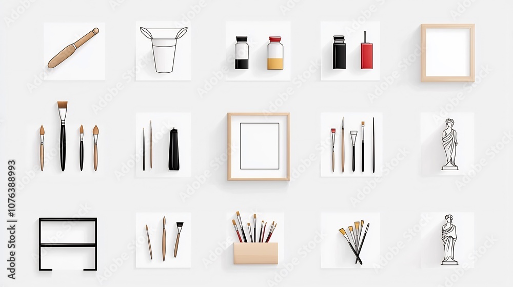 Fototapete set of 15 minimalist icons showcasing symbols for creative tools statues painting frames and other d