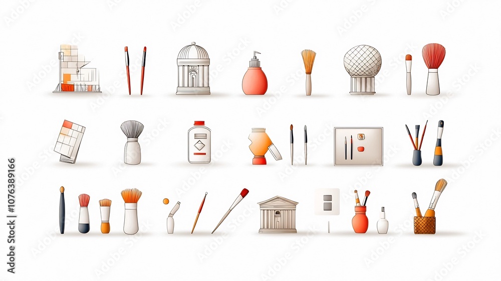 Fototapete set of 15 thin line icons representing expression featuring brushes museum artifacts and architectur