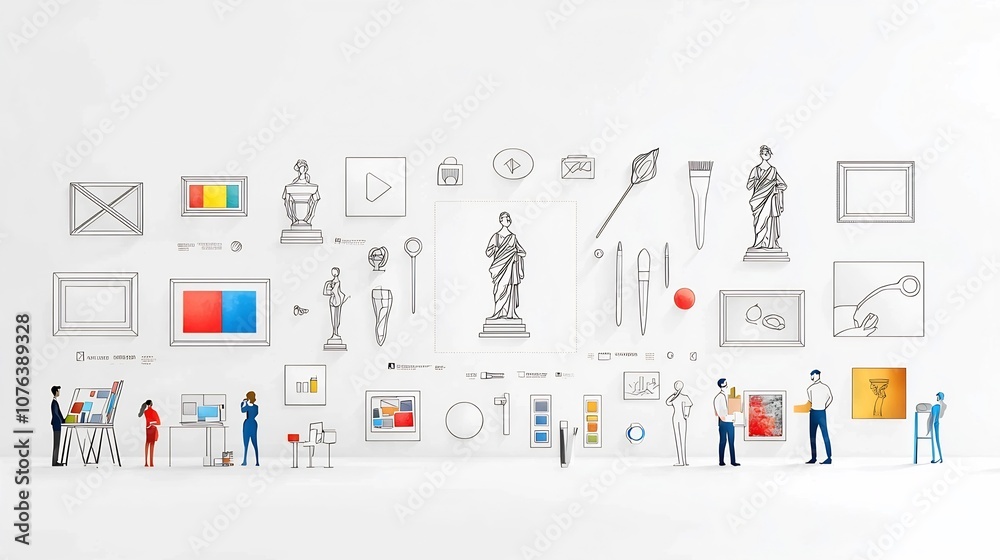 Poster Minimalist outline icon set featuring 15 creative symbols and designs including art related elements like frames shapes and statues