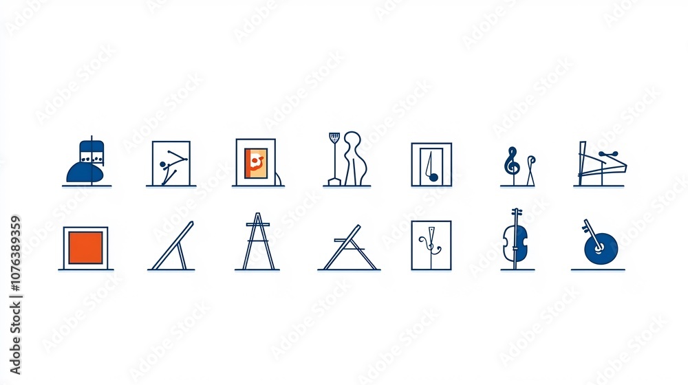 Poster collection of 15 art icons in outline style focusing on classic art forms like painting sculpture an