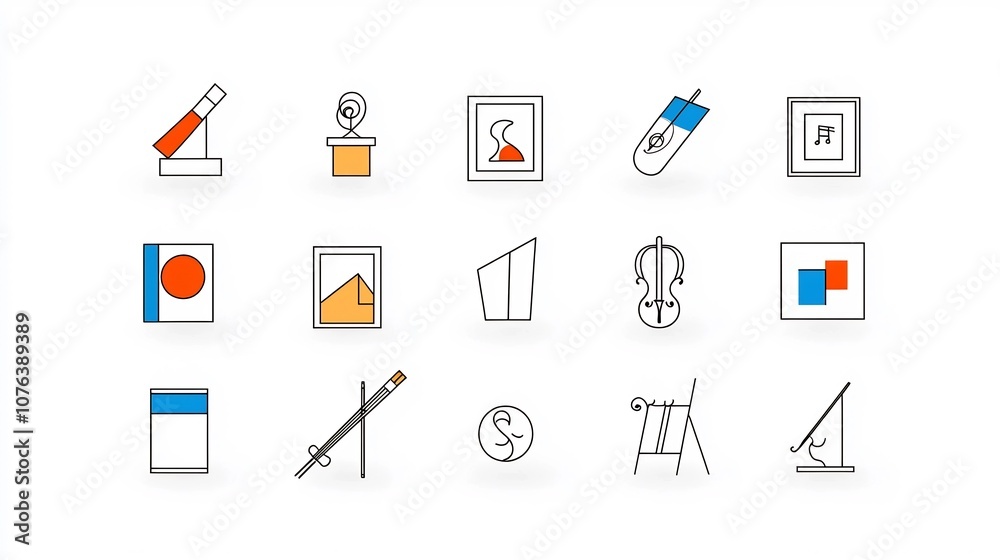 Poster collection of 15 classic art form outline icons including painting sculpture and music in a minimali