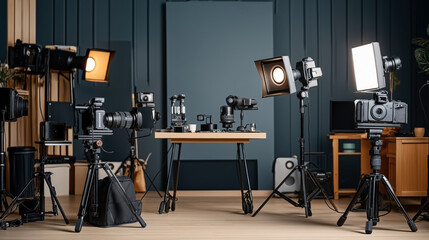 Professional photography studio setup with cameras and lighting equipment on tripods in a modern room. A table holds additional camera gear and accessories surrounded by softbox lights.