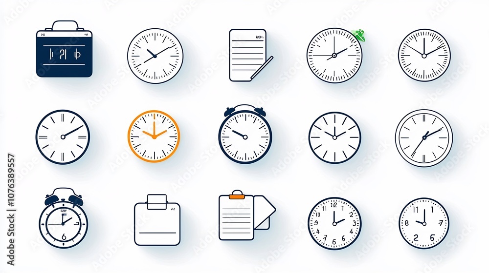 Aufkleber set of 15 minimalist outline icons representing time clocks alarms planners and time tracking symbol