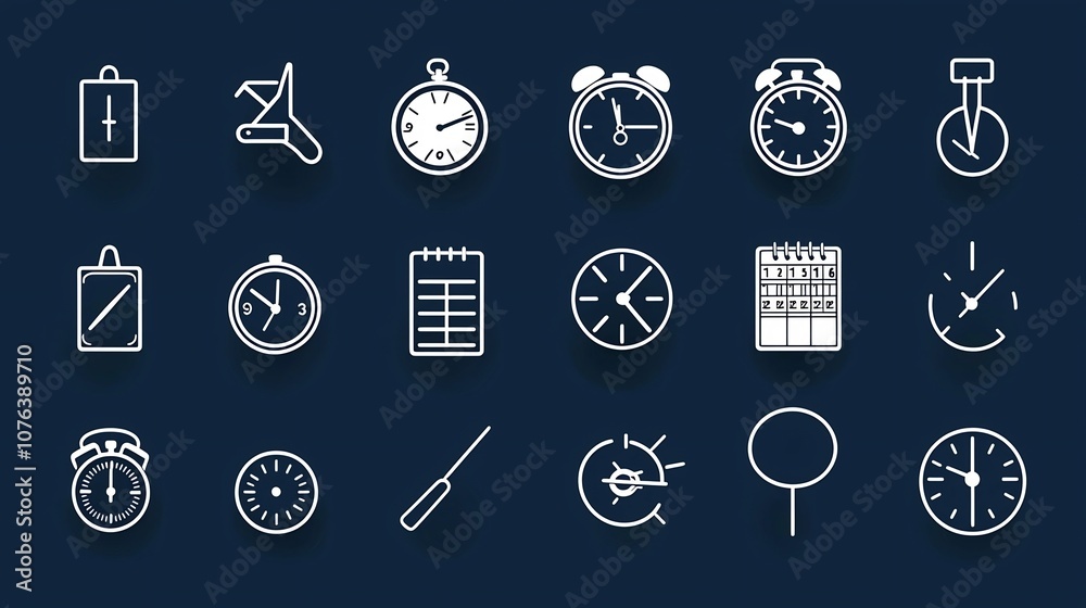 Leinwandbilder Minimalist Set of 15 Outline Icons Representing Various Time Elements Such as Clock Calendar and Timer Symbols in Clean with Editable Stroke