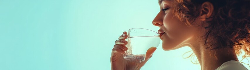 Naklejka premium Woman Drinking Water From a Glass Against a Blue Background