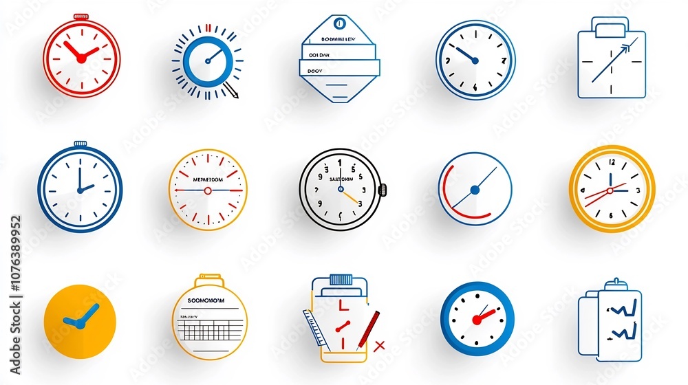 Poster Collection of 15 linear icons symbolizing scheduling countdown and time management concepts such as daily reminders stopwatch and deadline with a clean modern and minimal design