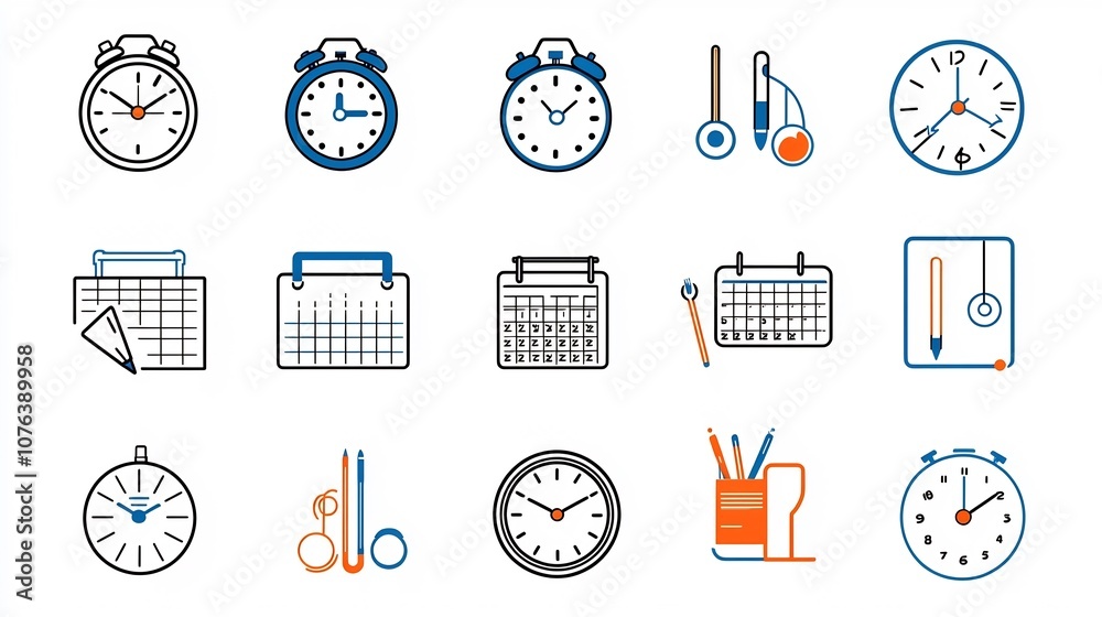 Fototapete set of 15 time related icons in a clean minimalist outline style featuring a digital clock weekly ca
