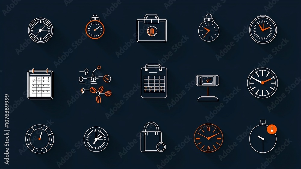 Poster Set of 15 time related icons in outline style featuring digital clock weekly calendar and time management tools for planning organizing