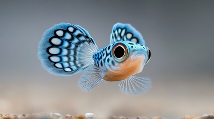 Small blue fish with orange fins is swimming in the air. The fish has a curious expression on its face