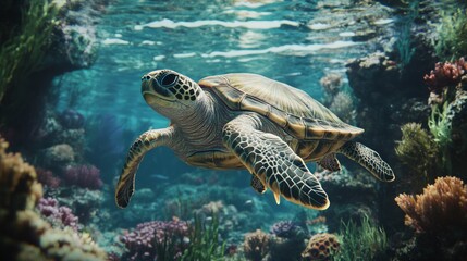 Obraz premium Graceful Sea Turtle Swimming in Vibrant Coral Reef