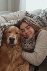 Fototapeta na wymiar A smiling woman embraces her relaxed cat and dog, creating a warm and comforting moment on a cozy sofa.