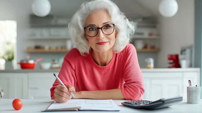 Woman in a red sweater is writing in a notebook. She is smiling and she is happy
