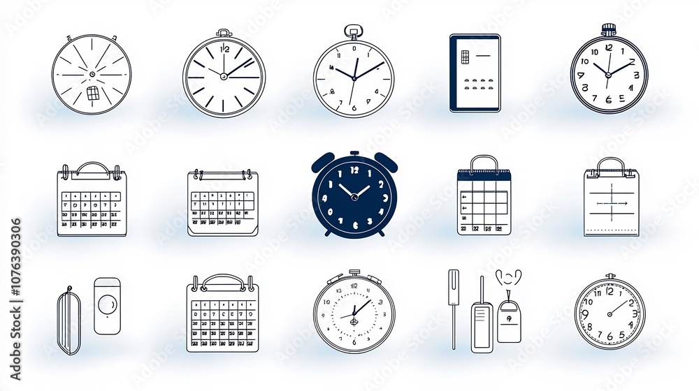 Fototapete A collection of 15 minimalist outline style icons representing various time management tools and concepts including a digital clock weekly calendar and other workflow optimization elements