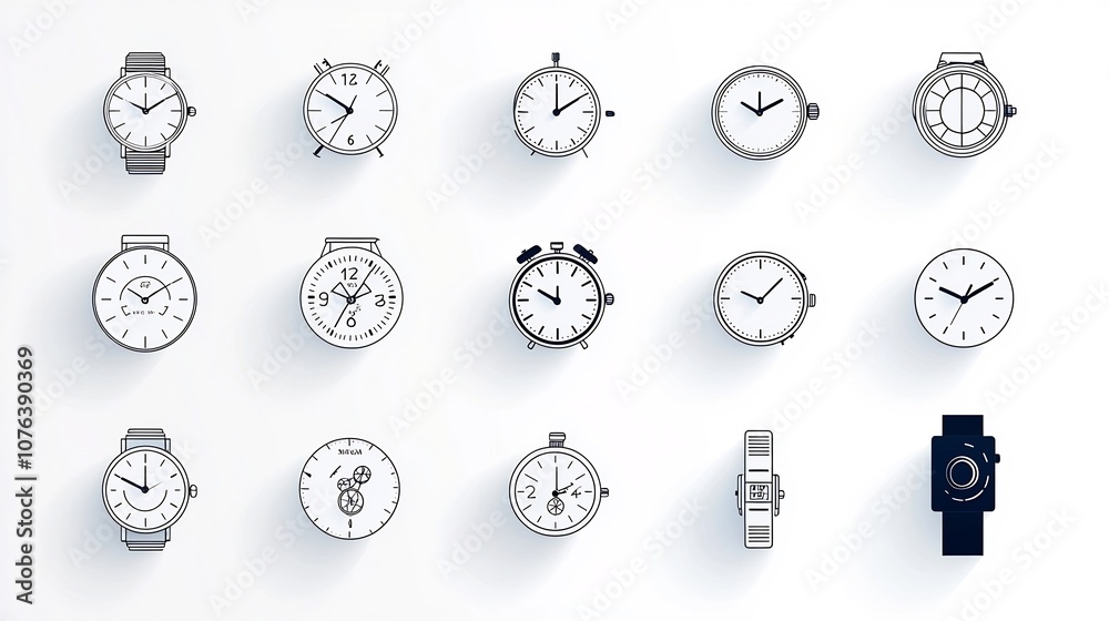 Leinwandbilder Minimalist Icon Set of 15 Time Related Symbols including Watch Time Lapse Alarm Clock and Other Time Management Concepts