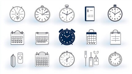 A collection of 15 minimalist outline style icons representing various time management tools and concepts including a digital clock weekly calendar and other workflow optimization elements