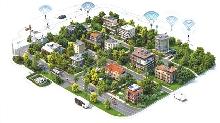Smart city concept with digital connectivity and modern infrastructure.