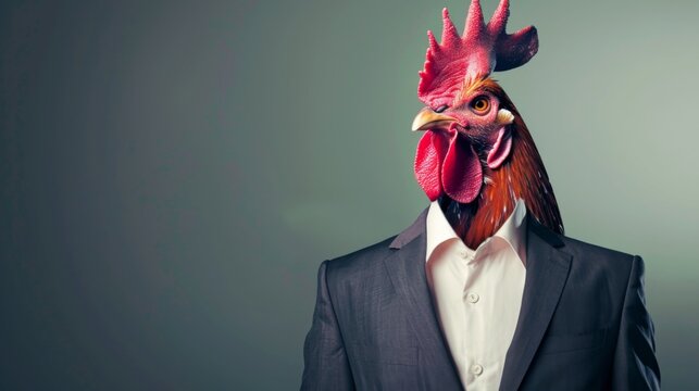 Amidst a stylish backdrop, a unique businessman stands confidently in a suit, but with a whimsical roosters head, blending creativity and leadership in an amusing way.