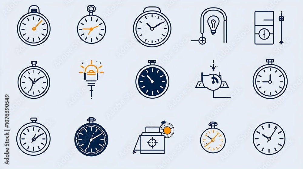 Poster Set of 15 minimalist thin line icons for time measurement and management featuring elements like time zone stopwatch and hourly planner  in a simple clean design