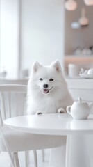 Fluffy white dog sitting at a table in a minimalist caf? setting, exuding charm and elegance with a cozy atmosphere.