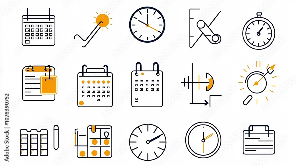 Poster Set of 15 simple linear icons illustrating time management and scheduling concepts such as calendar events countdown timers and stopwatch symbols for productivity organization and planning