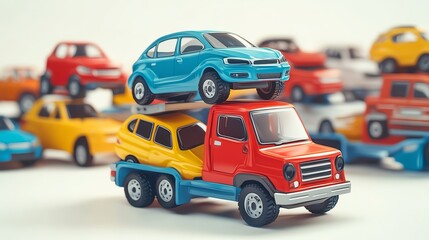 a 2D cartoon illustration of a toy truck carrying tiny cars, fun and active, white background--ar 16:9