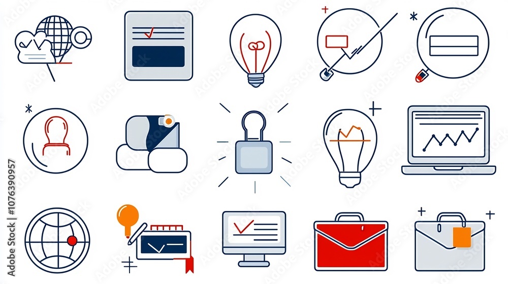 Aufkleber set of 15 outline icons representing training elements including education online test and webinar s