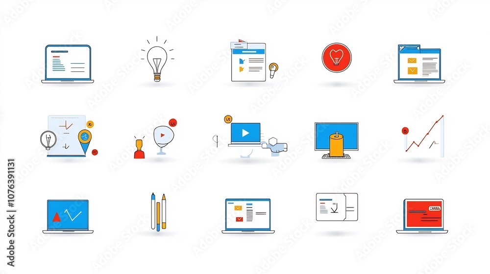 Poster Collection of linear icons representing virtual training interactive webinars online assessments and self paced learning experiences for digital education and skill development