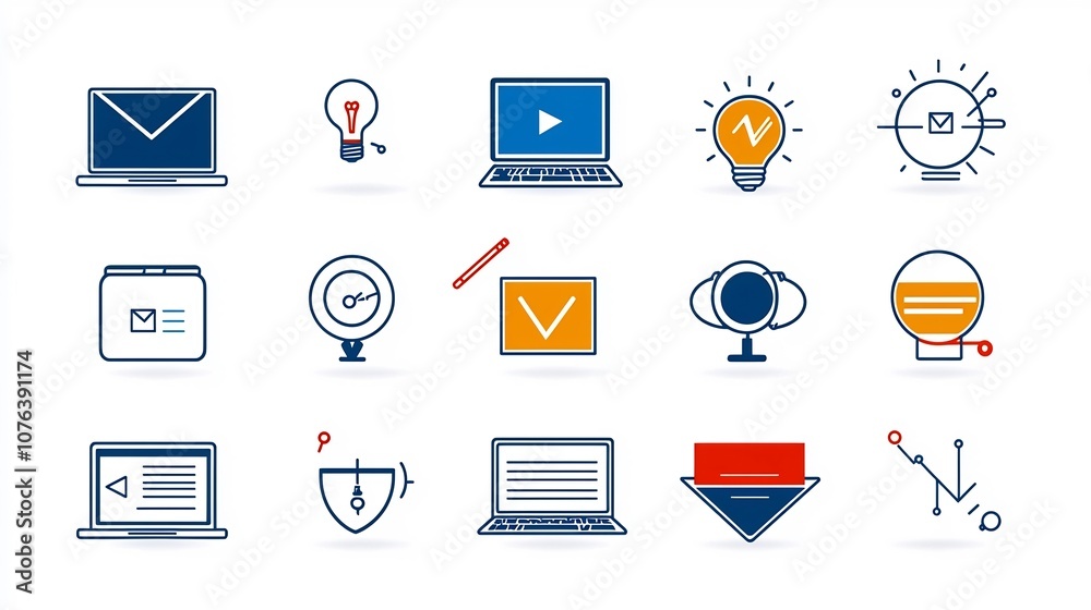 Poster Collection of 15 linear icons representing virtual training with symbols for interactive webinars online assessments and self paced learning clean