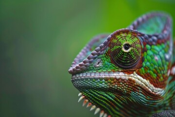 Fototapeta premium This close-up captures a stunning chameleon in its natural habitat, where vibrant colors and textures reflect its incredible ability to blend seamlessly with the environment.
