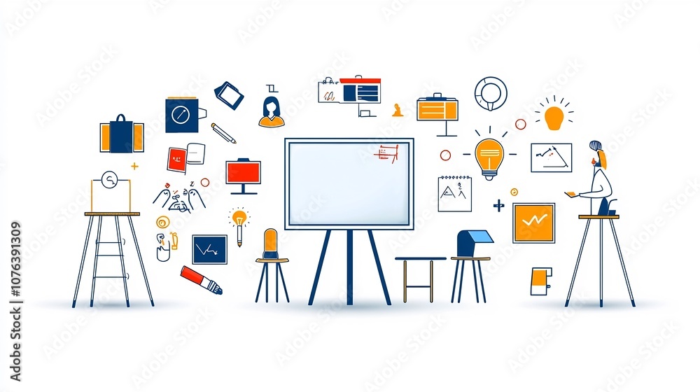 Aufkleber Set of 15 Thin Line Icons Illustrating Various Training and Learning Concepts Such as Seminar Teacher and Digital Whiteboard