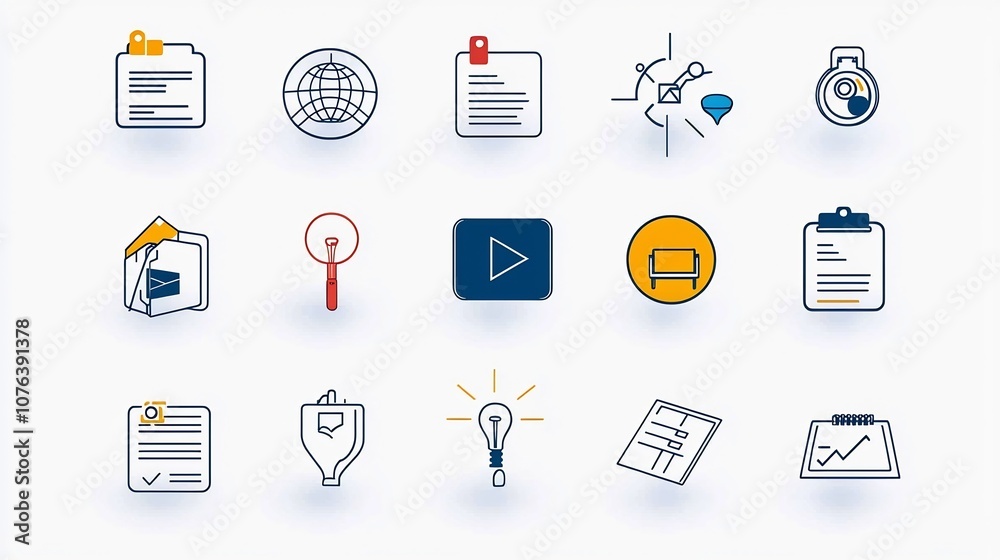 Poster A set of 15 minimalist icons representing various elements of online education and professional development including symbols for video lectures assignments and certifications  This clean modern