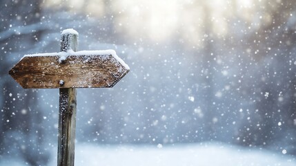 Snow-Covered Wooden Arrow Sign in a Snowy Forest
