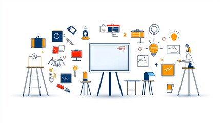 Set of 15 Thin Line Icons Illustrating Various Training and Learning Concepts Such as Seminar Teacher and Digital Whiteboard