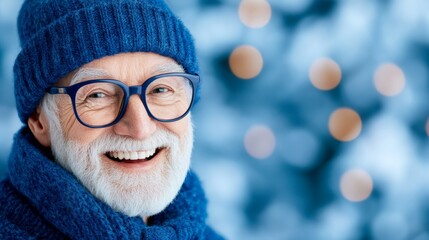 Man wearing a blue hat and glasses is smiling. He is wearing a blue scarf and he is enjoying the cold weather