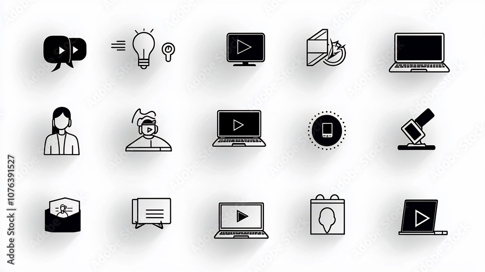 Poster Comprehensive icon set of 15 symbols designed to represent various elements of distance and online education such as laptop video call course completion and more