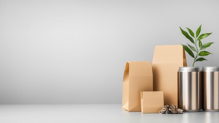 The image features eco-friendly packaging materials, including paper bags and metal cans, alongside a green plant, highlighting sustainability and minimalism.