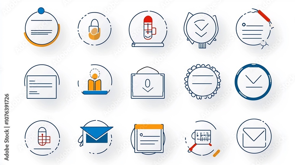 Poster set of 15 linear icons depicting various education and training themes including symbols for live cl