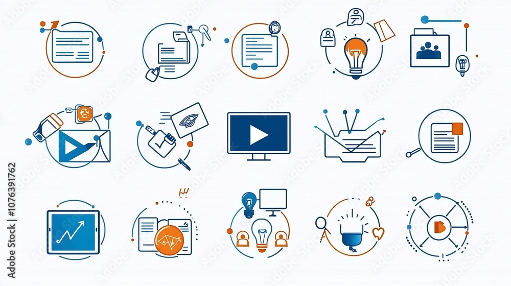 Fototapete Outline Icon Set of 15 Symbols Representing Training and Education Concepts Including Document Sharing Quiz and Video Streaming in Clean Style with Editable Strokes