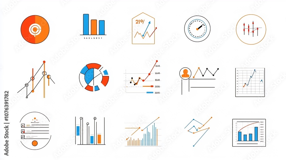 Poster Collection of 15 simple line icons focused on statistics data analysis and visualization tools including charts graphs infographics and survey results