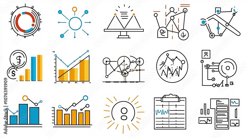 Poster Detailed Outline Icon Set Depicting a Wide Range of Statistical Symbols and Data Visualization Elements for Business Analytics and Infographic Purposes