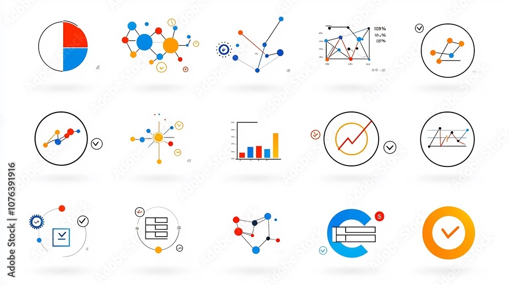 Poster Collection of 15 linear icons representing data collection analysis and visualization elements such as charts optimization metrics and survey checklists for use in business dashboards infographics