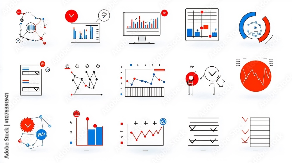 Aufkleber Collection of 15 linear icons representing data collection and analysis with symbols for charts optimization metrics and survey checkboxes clean for business analytics and reporting purposes