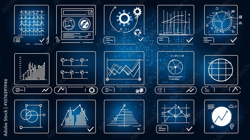 Poster Collection of 15 linear icons representing data collection and analysis featuring symbols for charts optimization metrics and survey checkboxes in a clean style