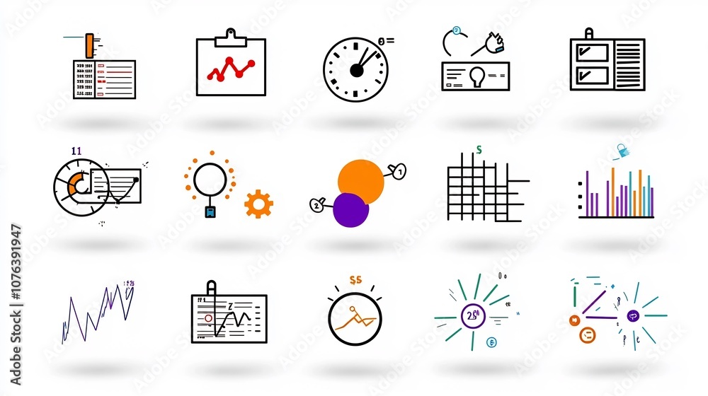 Fototapete Set of 15 statistical icons in an outline style featuring symbols for survey forms data processing and financial pricing  Editable stroke designed for business analytics data visualization