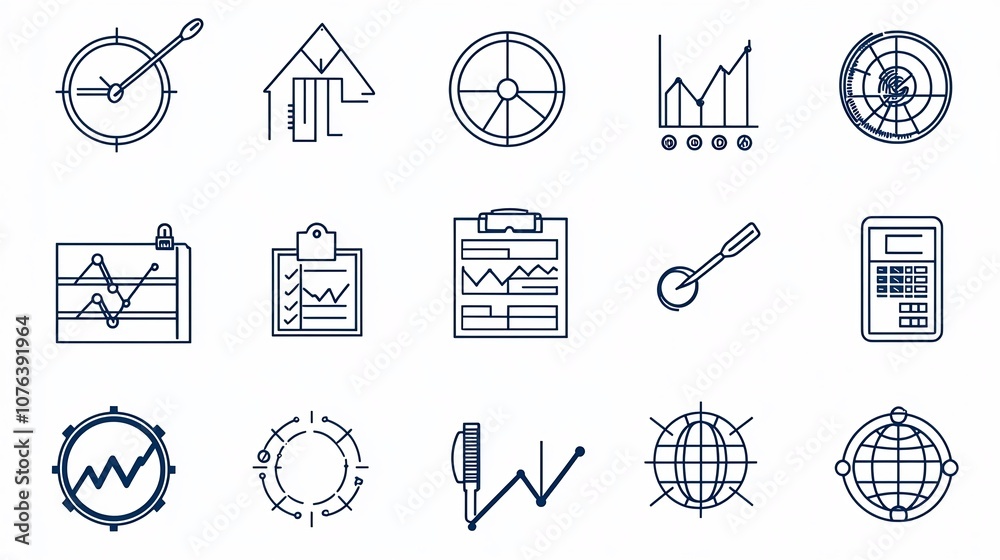 Aufkleber Set of 15 statistical icons in outline style featuring symbols for survey forms data processing and financial pricing elements  Editable stroke for business finance
